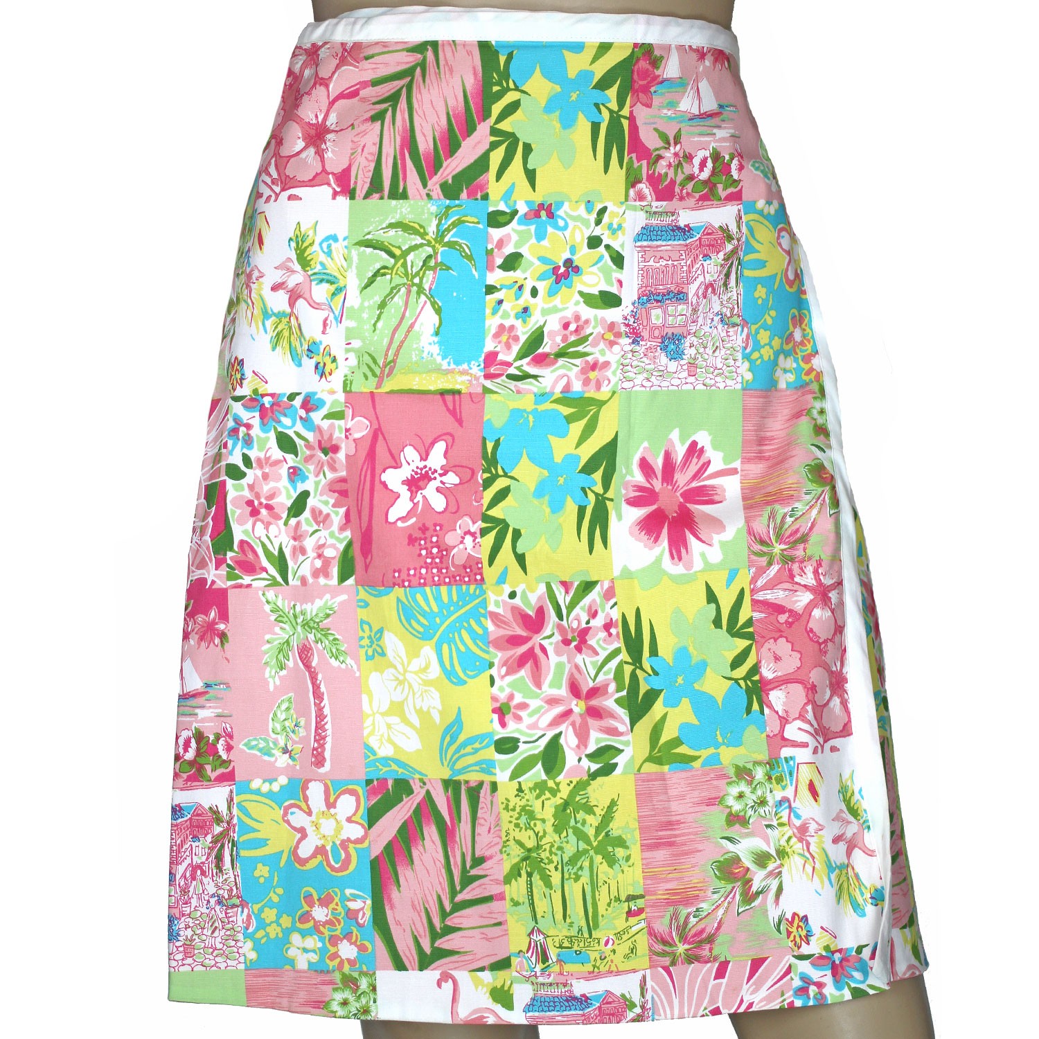 1990s Vintage Bushwacker Pink Patchwork Print Wrap Skirt Spring Summer Preppy 10
