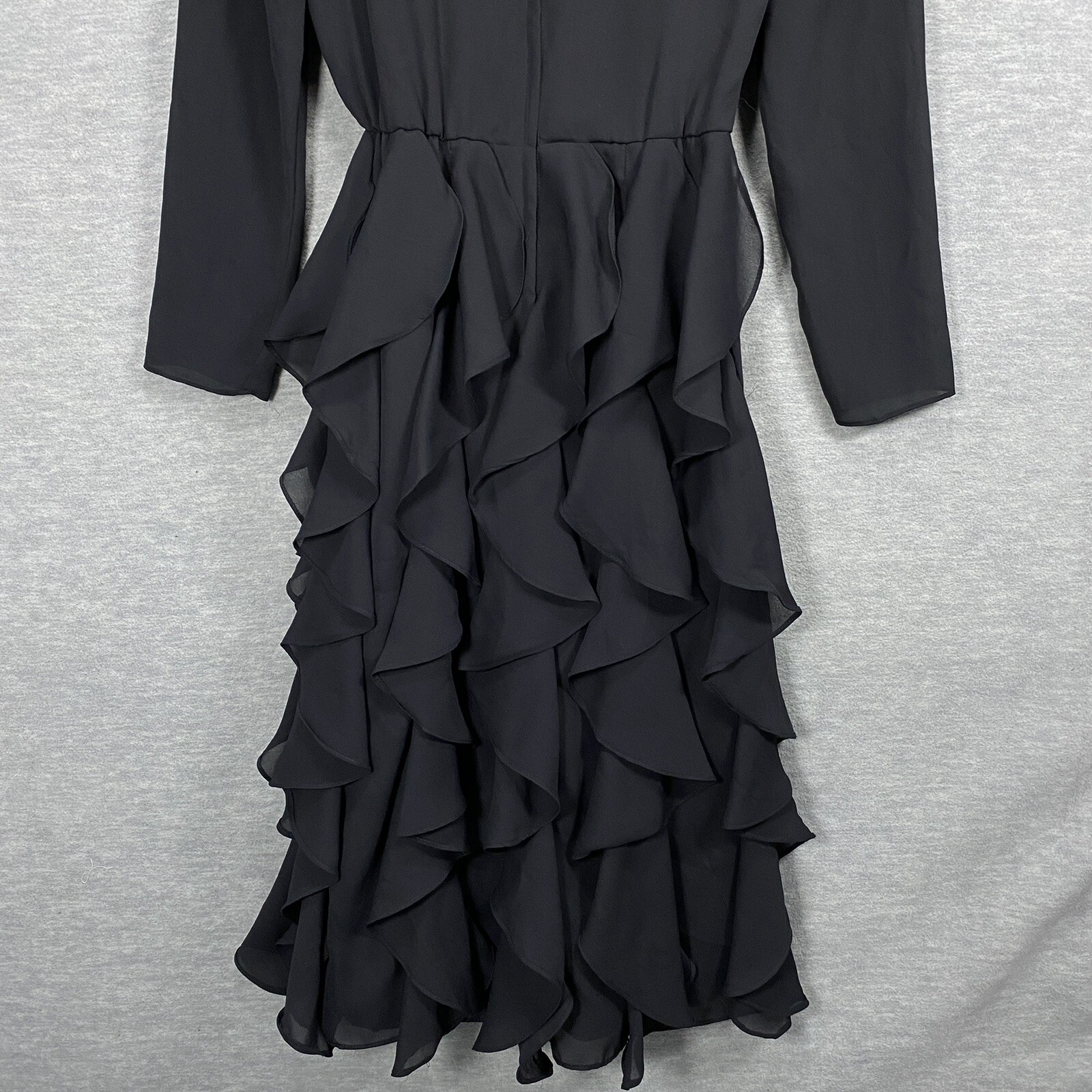 Vintage Claralura Originals Black Cocktail Dress 8 Midi Tiered Ruffles Gothic