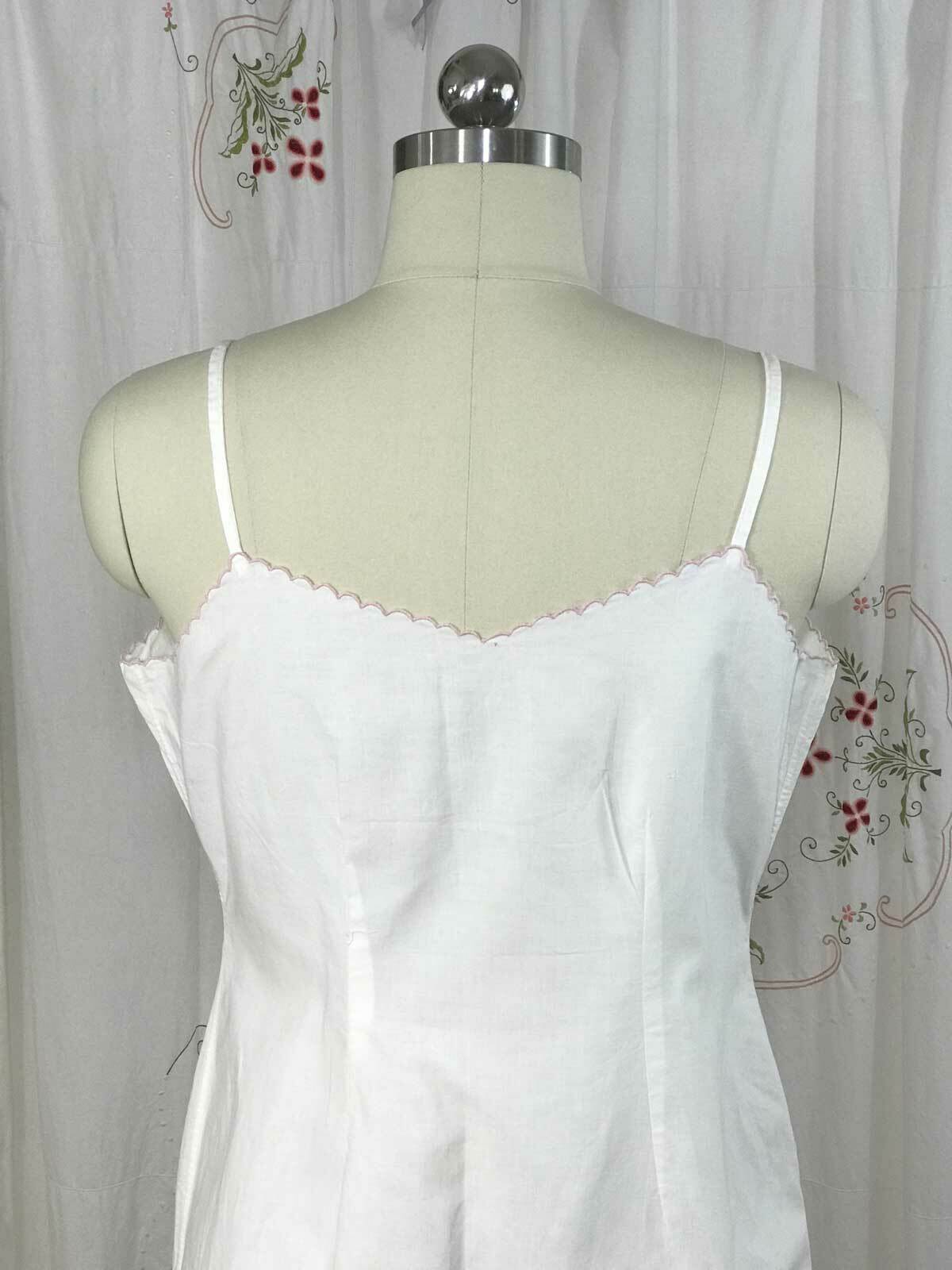 Vtg French White Cotton Slip Summer Day Dress Nightgown Pink Embroidery sz M/L