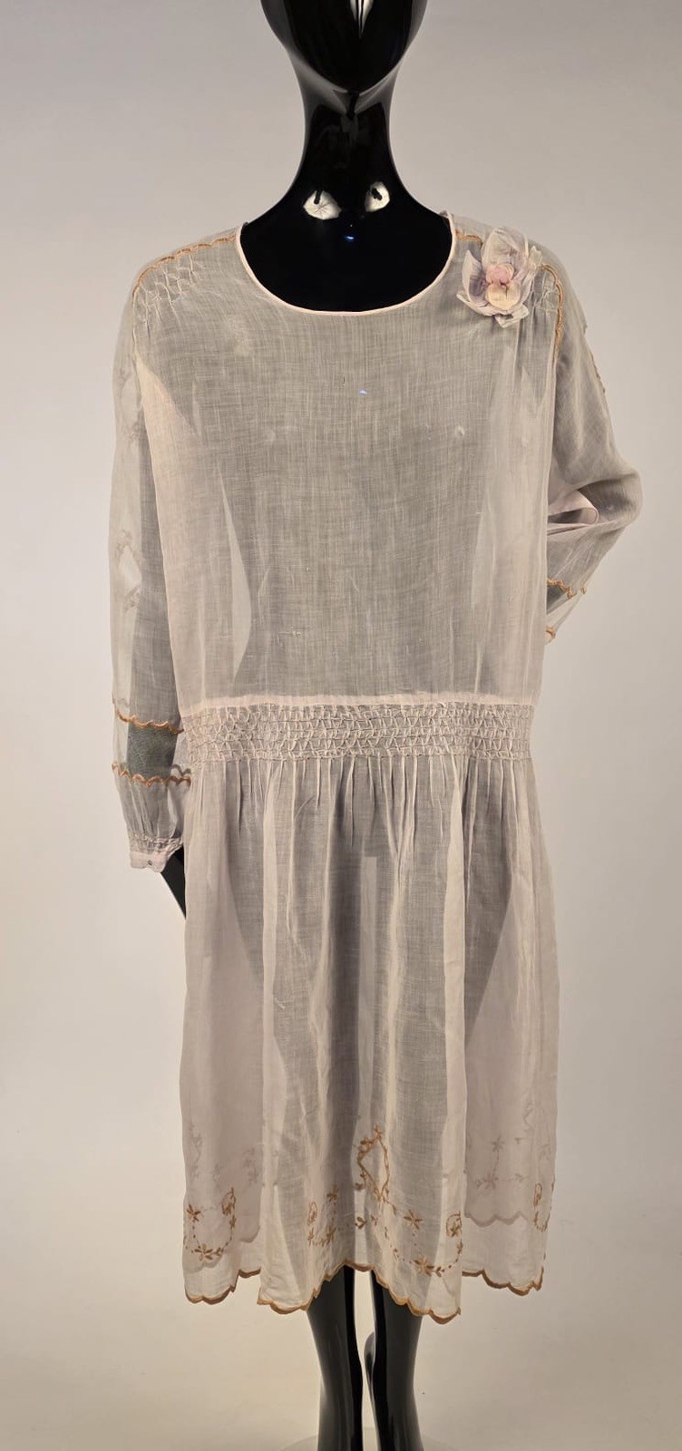 SWEET FLAPPER 1920’S SHEER MUSLIN DRESS W HAND EMBROIDERY + DIAMOND CUTOUTS