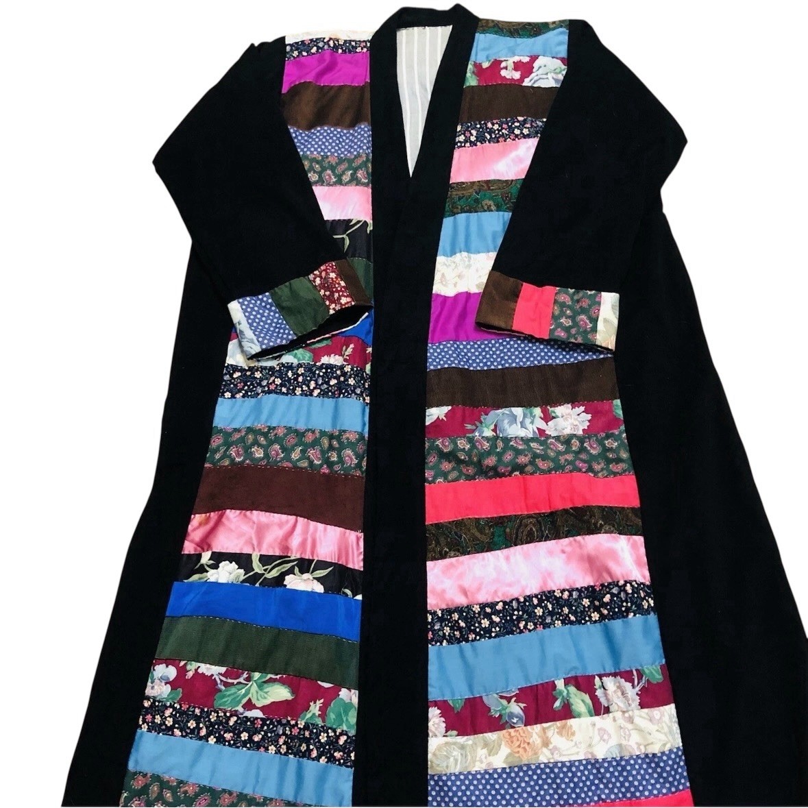 Vintage 60s 70s Velvet Patchwork Duster Jacket Long Maxi Coat Large / XL