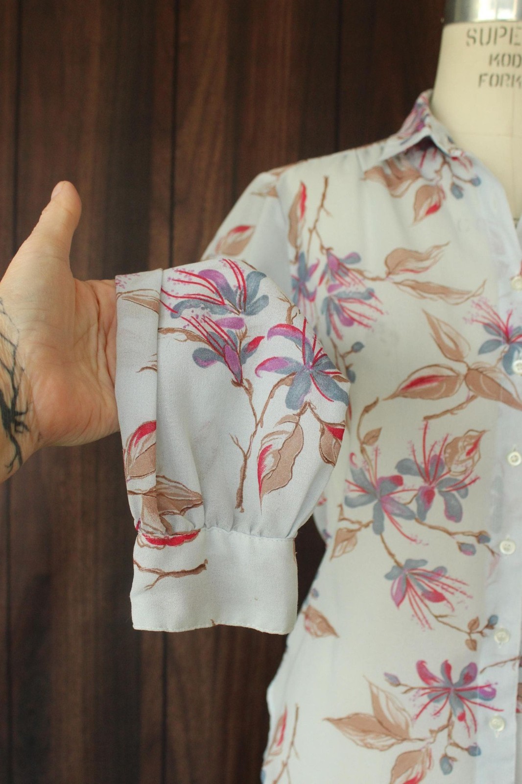 Vintage 1980s 1990s Blouse, Pale Blue Gray Chiffon with a Floral Print Button