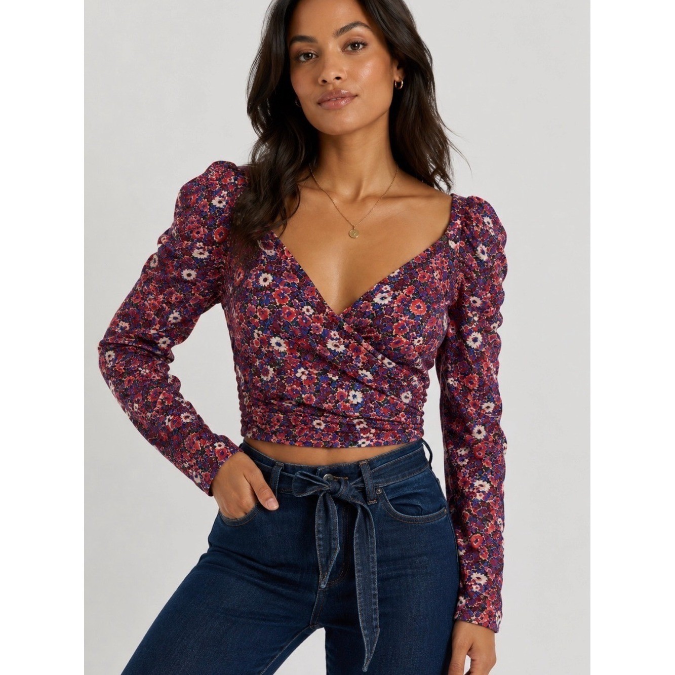 Veronica Beard Sabo Top Berry Multi Floral Wrap Cropped Top – Purple Floral NWT