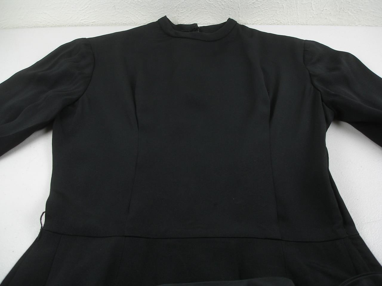 Women’s sz XS Vtg 1920’s Black Crepe Dress Peplum Bow Ruched Sleeves Long Sleeve