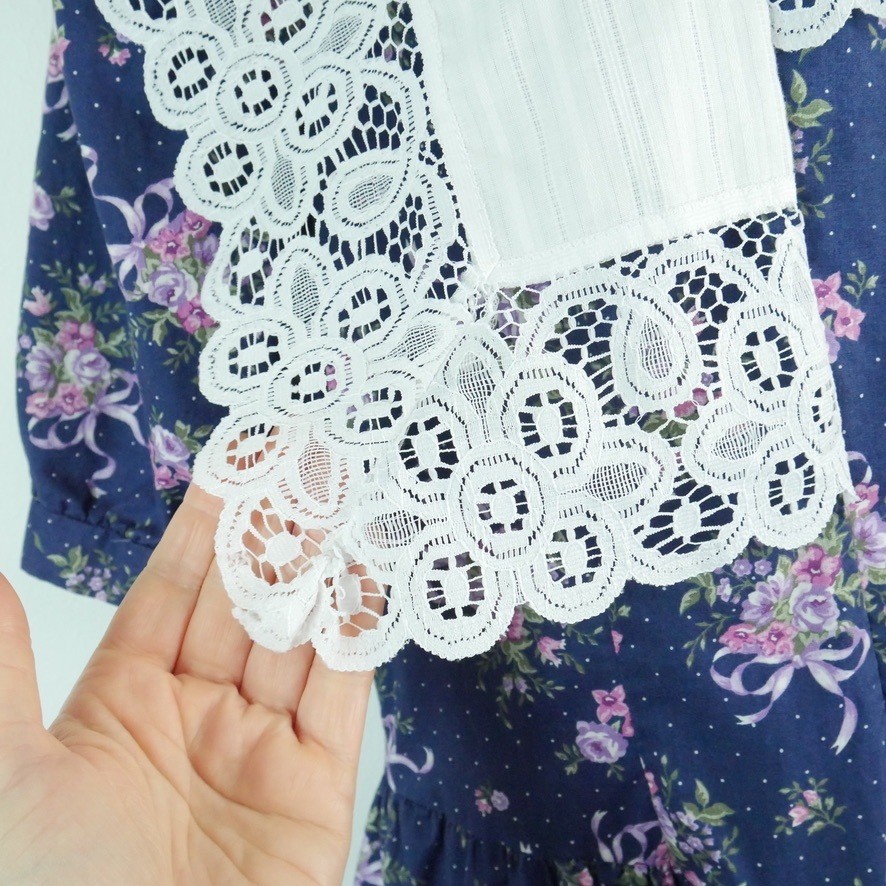Vintage Floral Lace Collar Midi Dress Cottagecore Puff Sleeve Tea Garden S M 80s