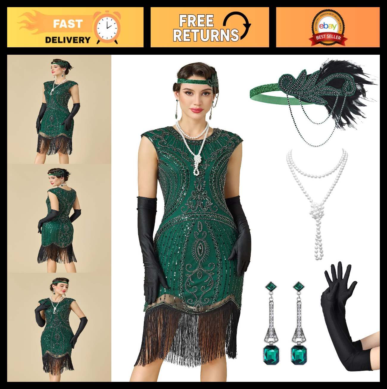 1920s Women’s Flapper Dress Great Gatsby Sequin Fringed Roaring 20s Cocktail Out