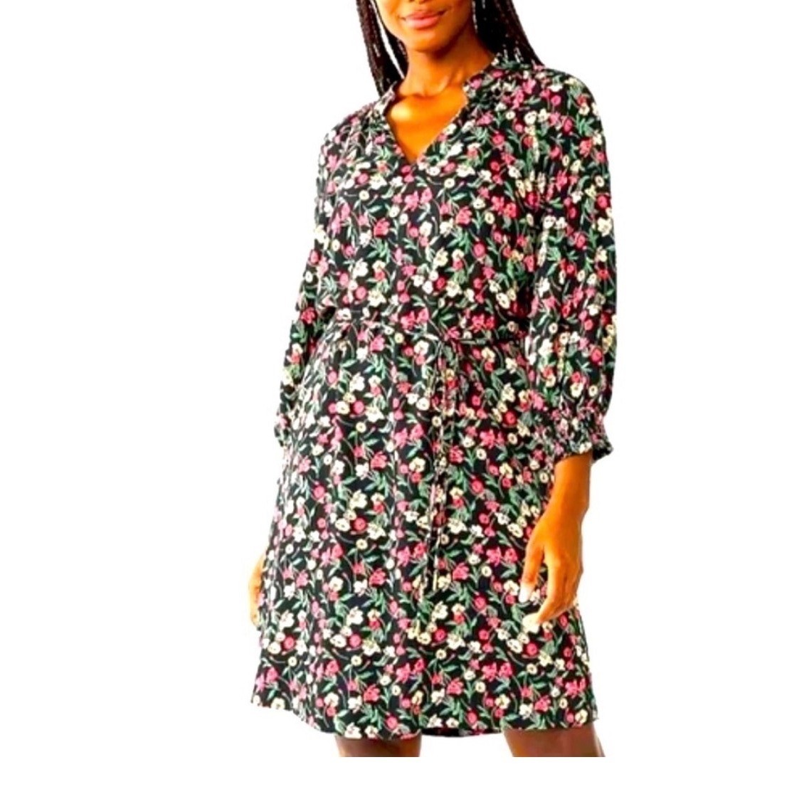 Draper James RSVP Floral Long Sleeve Mini Dress Womens L Black Cottagecore Boho