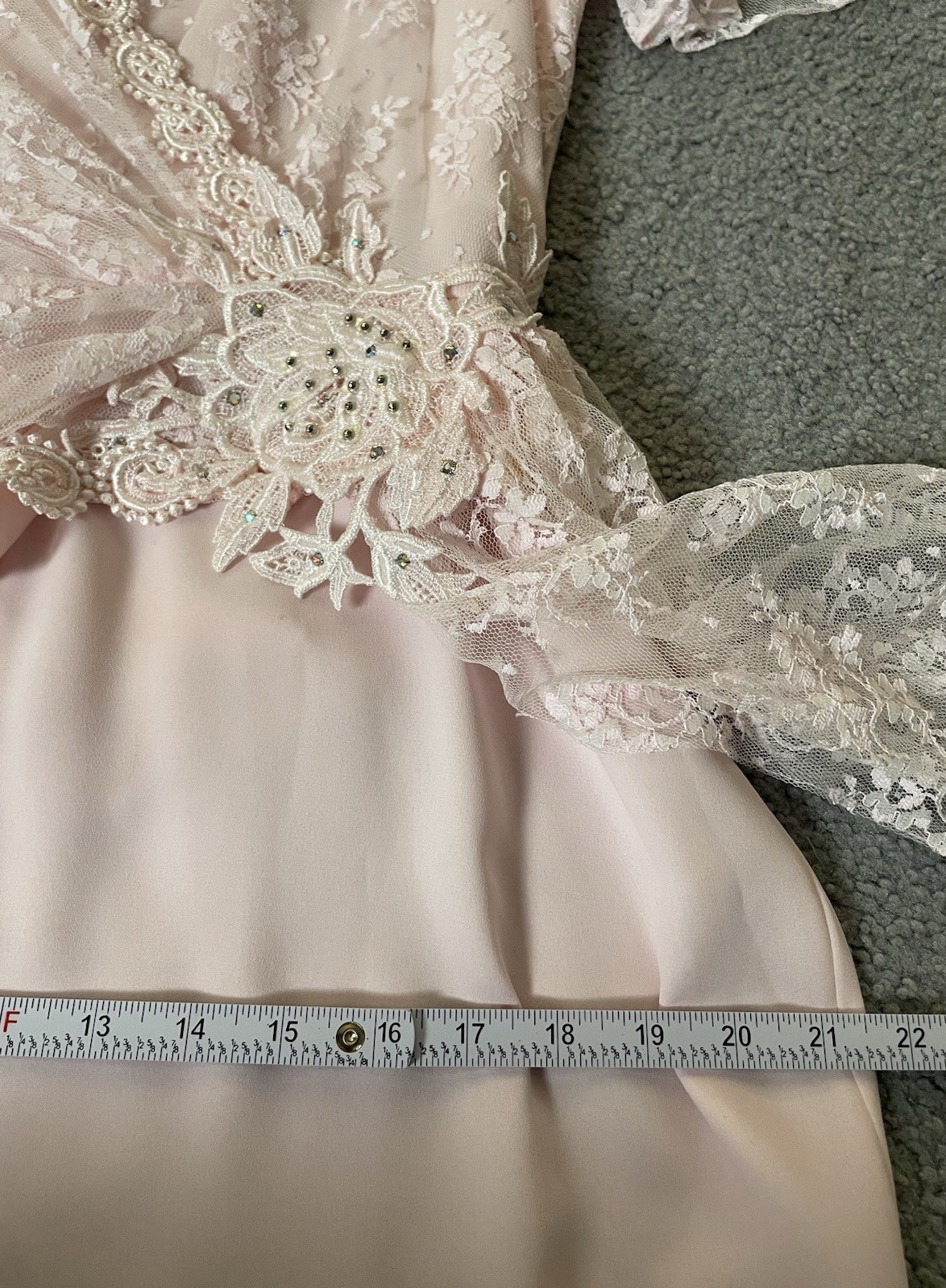 70s Embroidered Floral Lace Midi Dress Sz 15/16 Pink Flutter Sleeve Cocktail