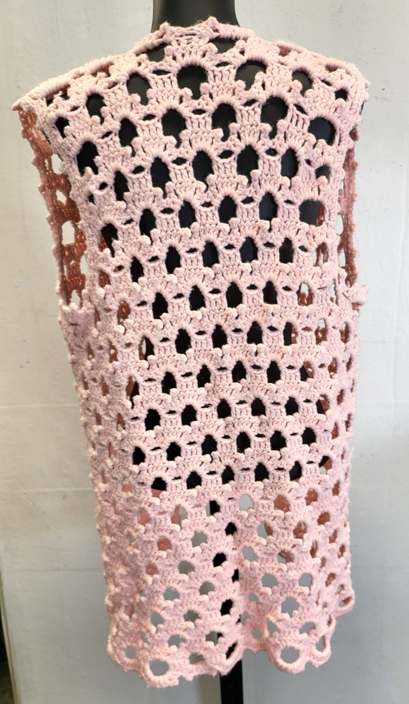 Vintage Pink Crochet Vest Handmade M/L Retro Granny Chic Boho