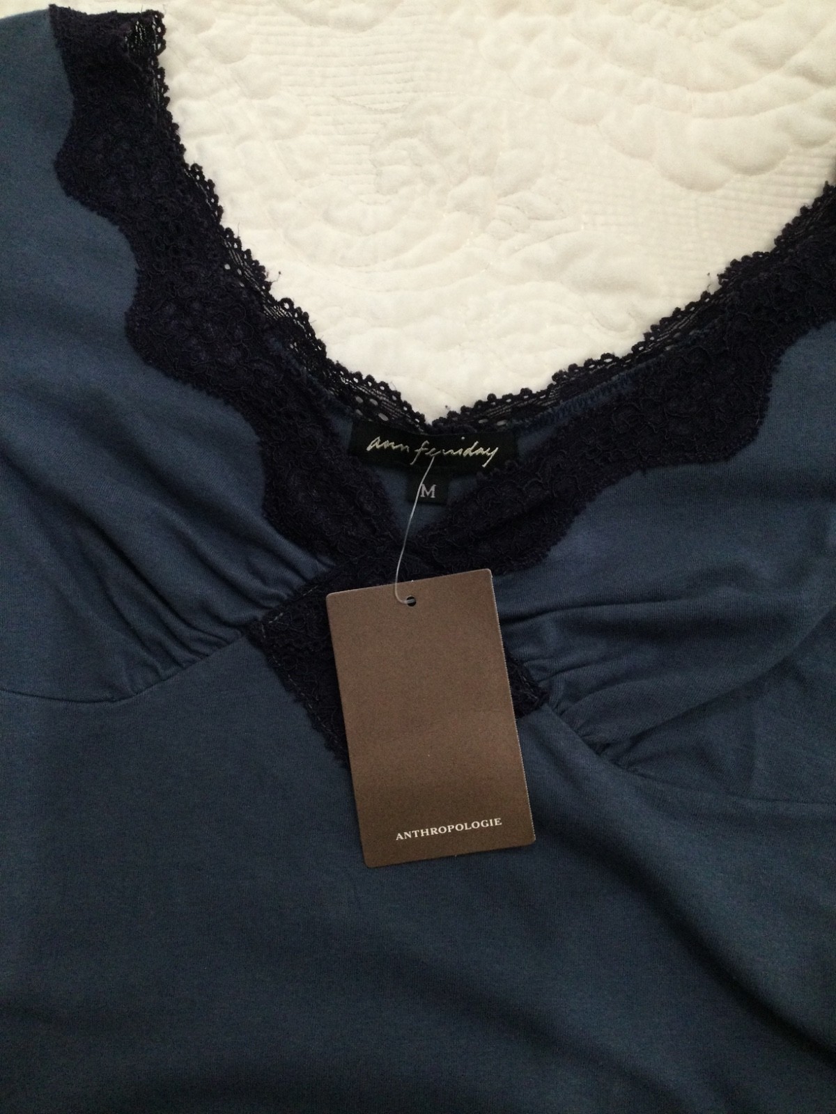 NWT Anthropologie Ann Ferriday Dusty Blue Lace Trim Romantic Top M Bella Swan