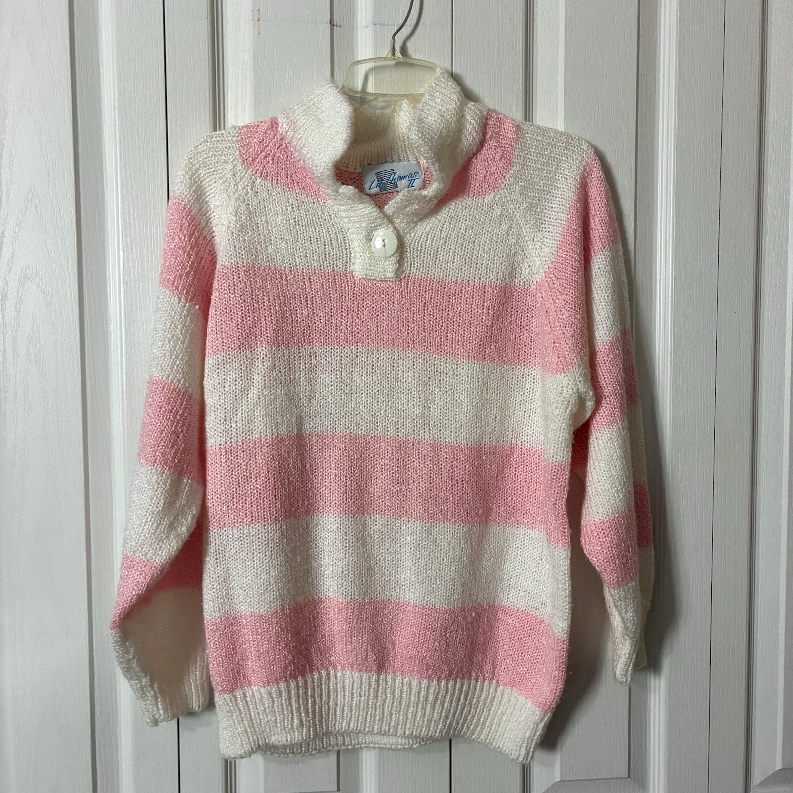 Liz Thomas Vintage Knit Sweater Sz 42/22W Pink White Chunky Stripes Collared