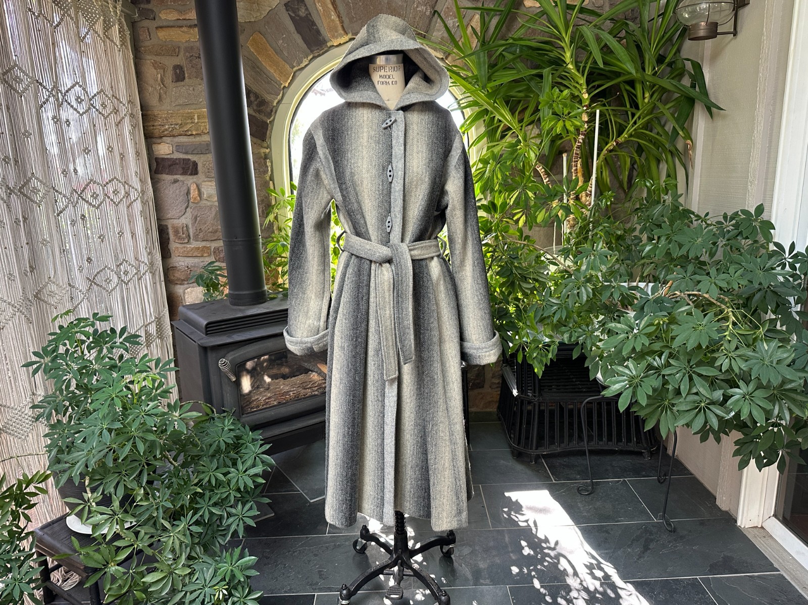 Vintage 1970s Variegated Gray Striped Wool Belted Hooded Coat Casa de Lana