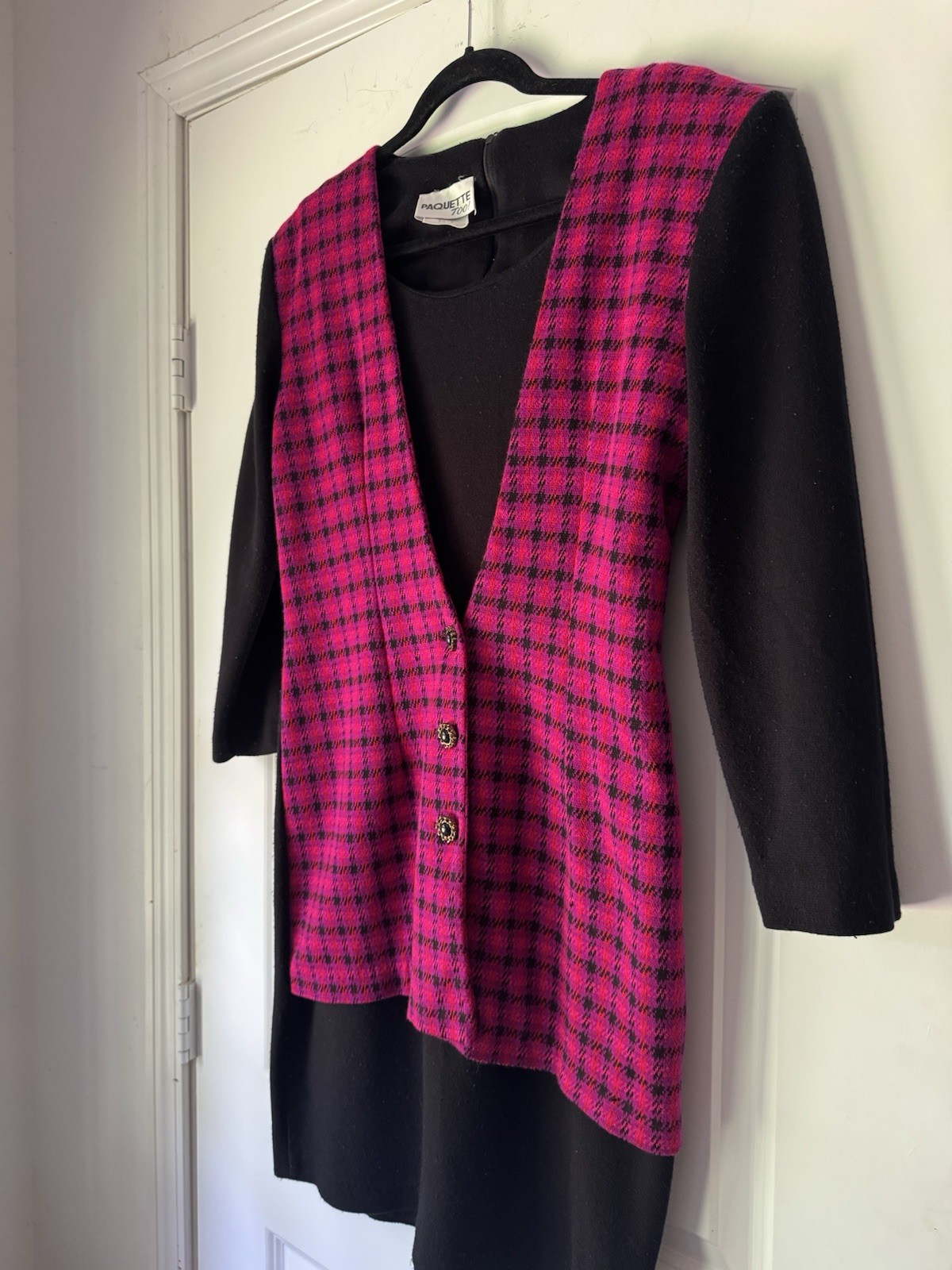 VINTAGE 80s Paquette Too! Long sleeve, Drop waist Pink/Black Plaid Dress, sz 8