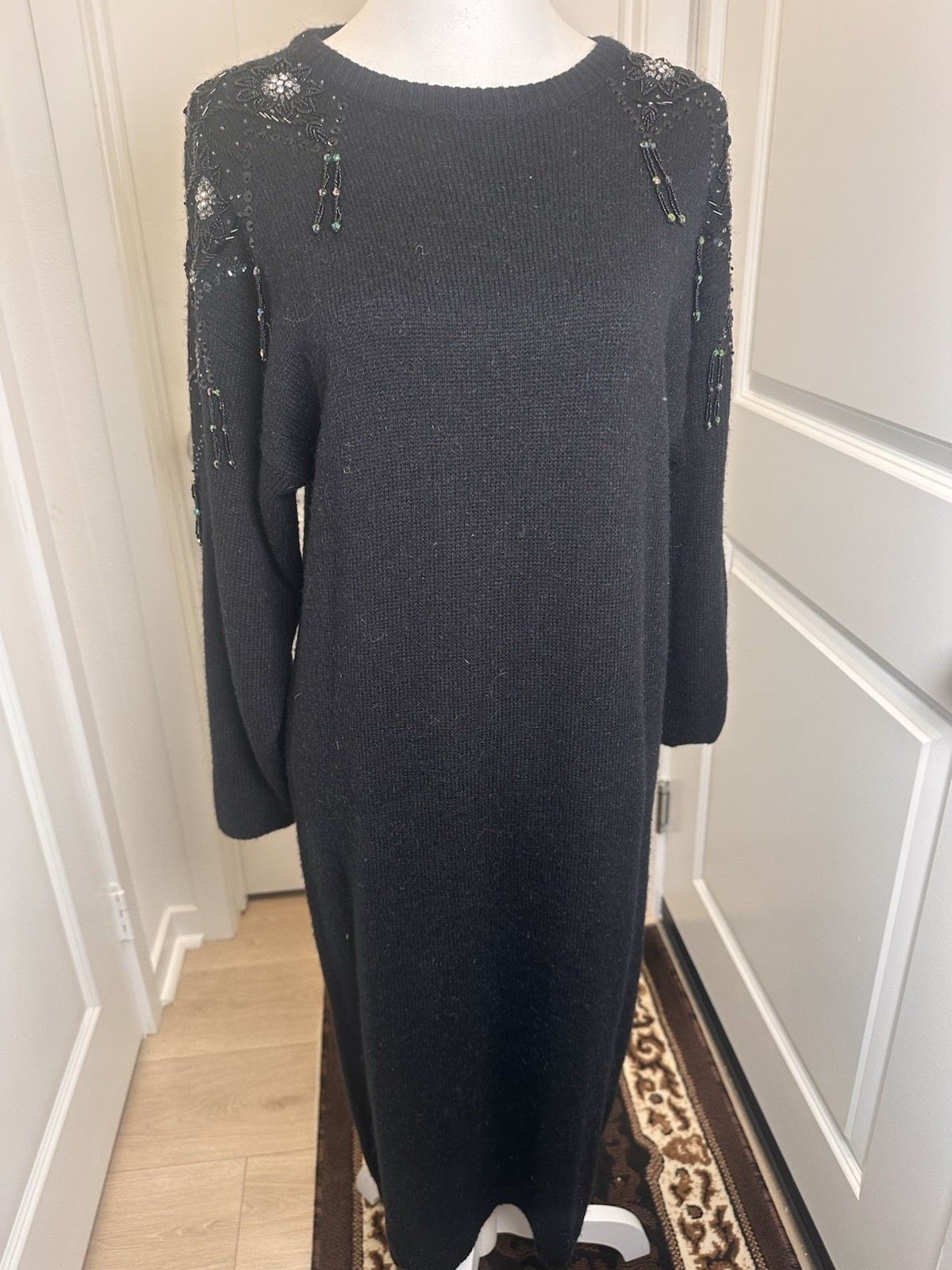 Vintage Belldini Black Beaded Sweater Dress Angora Blend Rhinestone Size L