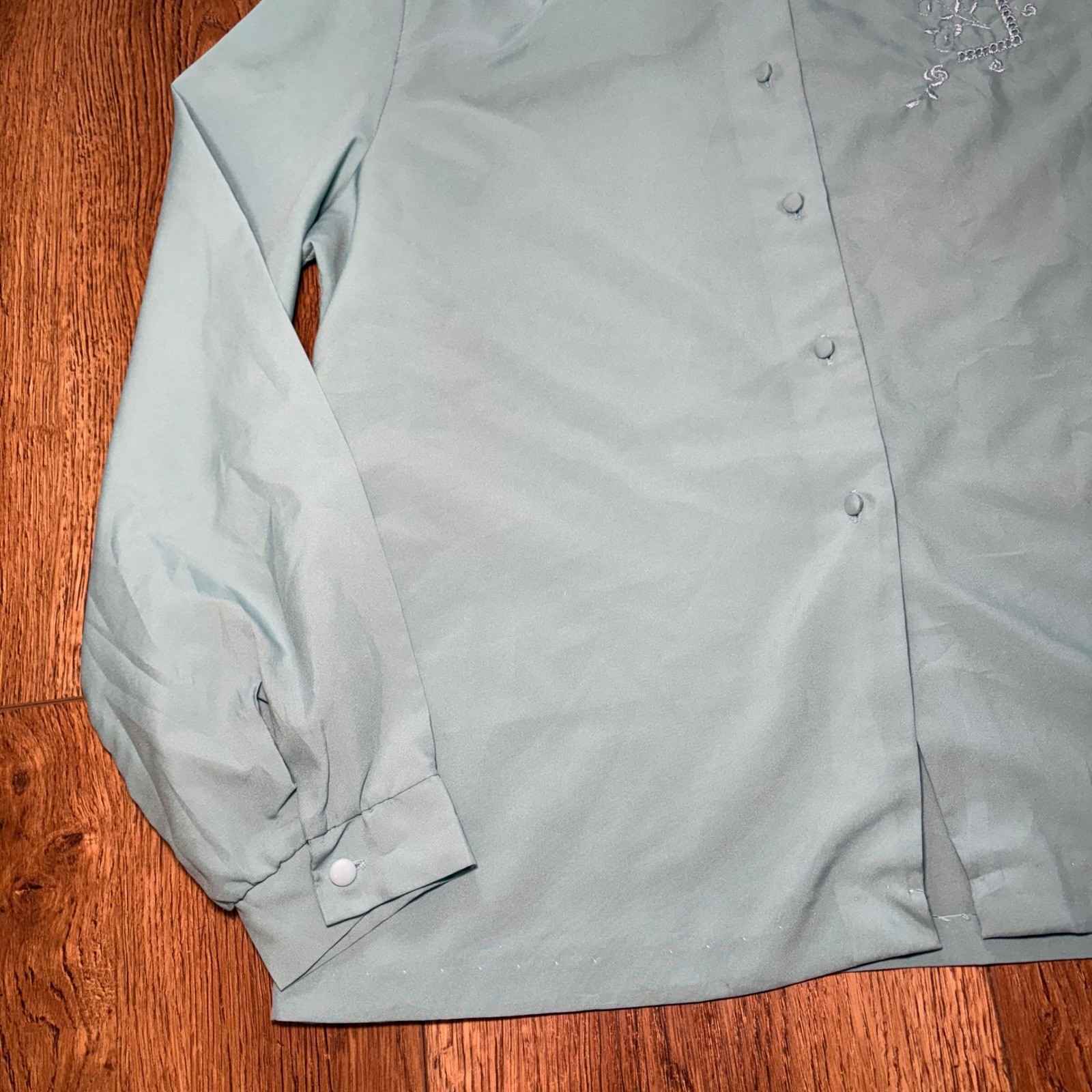 80s Cos Cob Light Blue Embroidered Peter Pan Collar Button Down Blouse Top Large