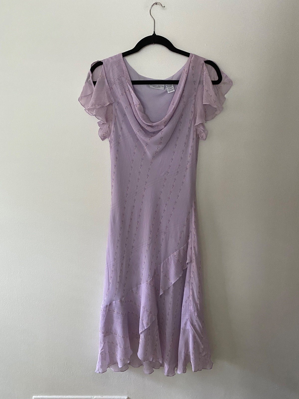 Vintage y2k 100% Silk Pastel Lavender Floral Bias Cut Dress Cowl Neck Ruffle 10