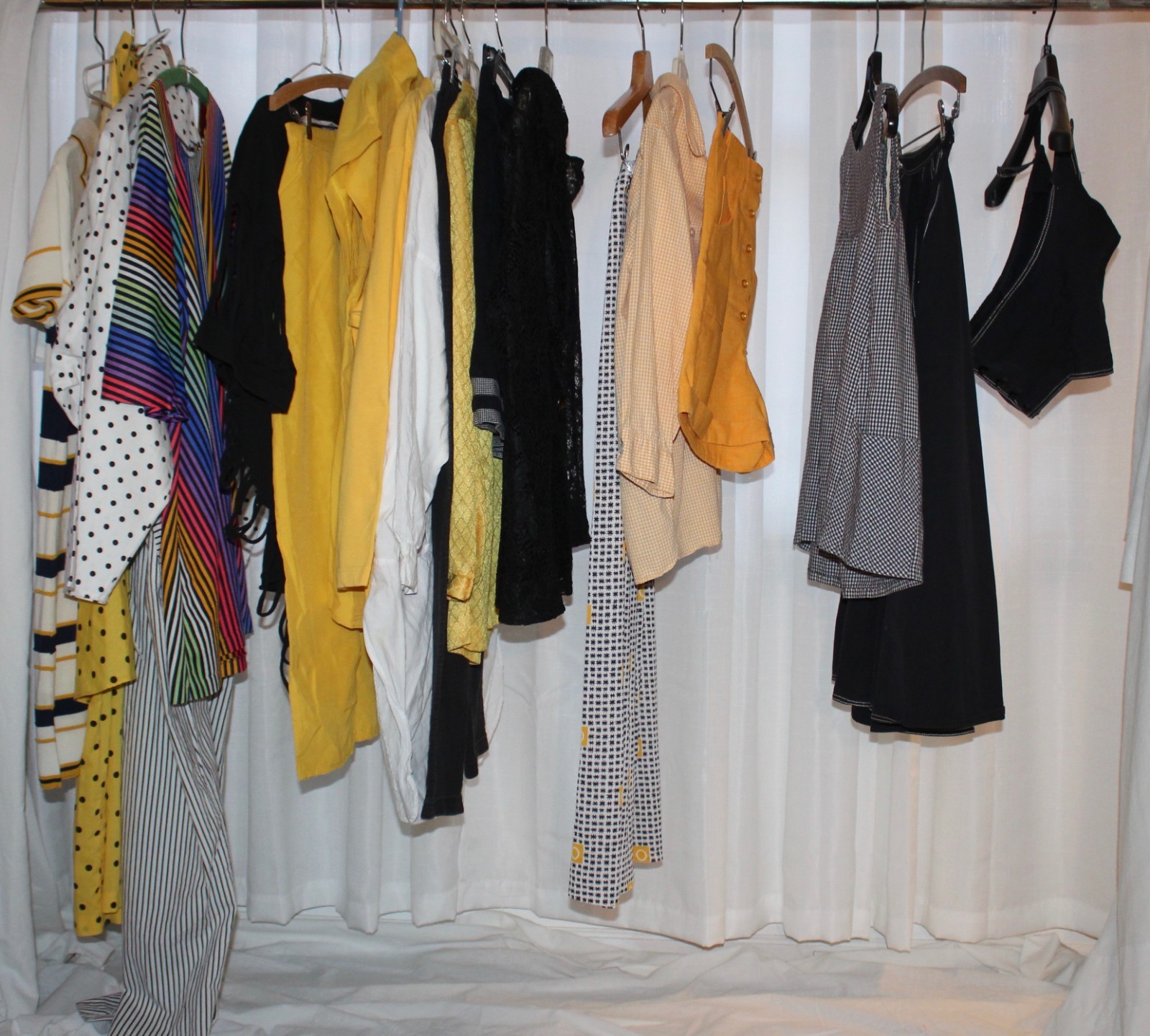 Vintage woman’s clothes lot, 19 pc. dresses separates tops + bottoms 50s -90s