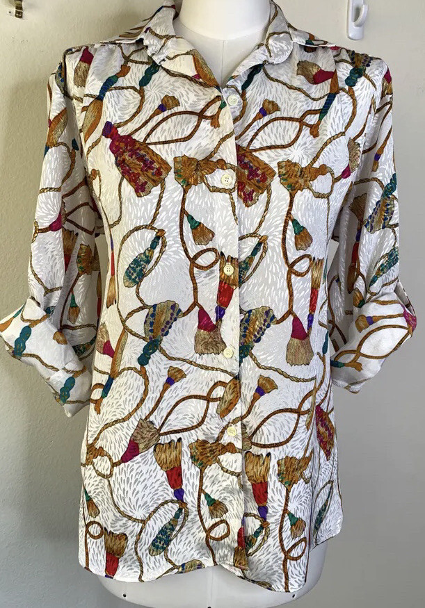 Vintage 80s All Hours Baroque Style Oversized Button Down Top Tassle Print L/XL
