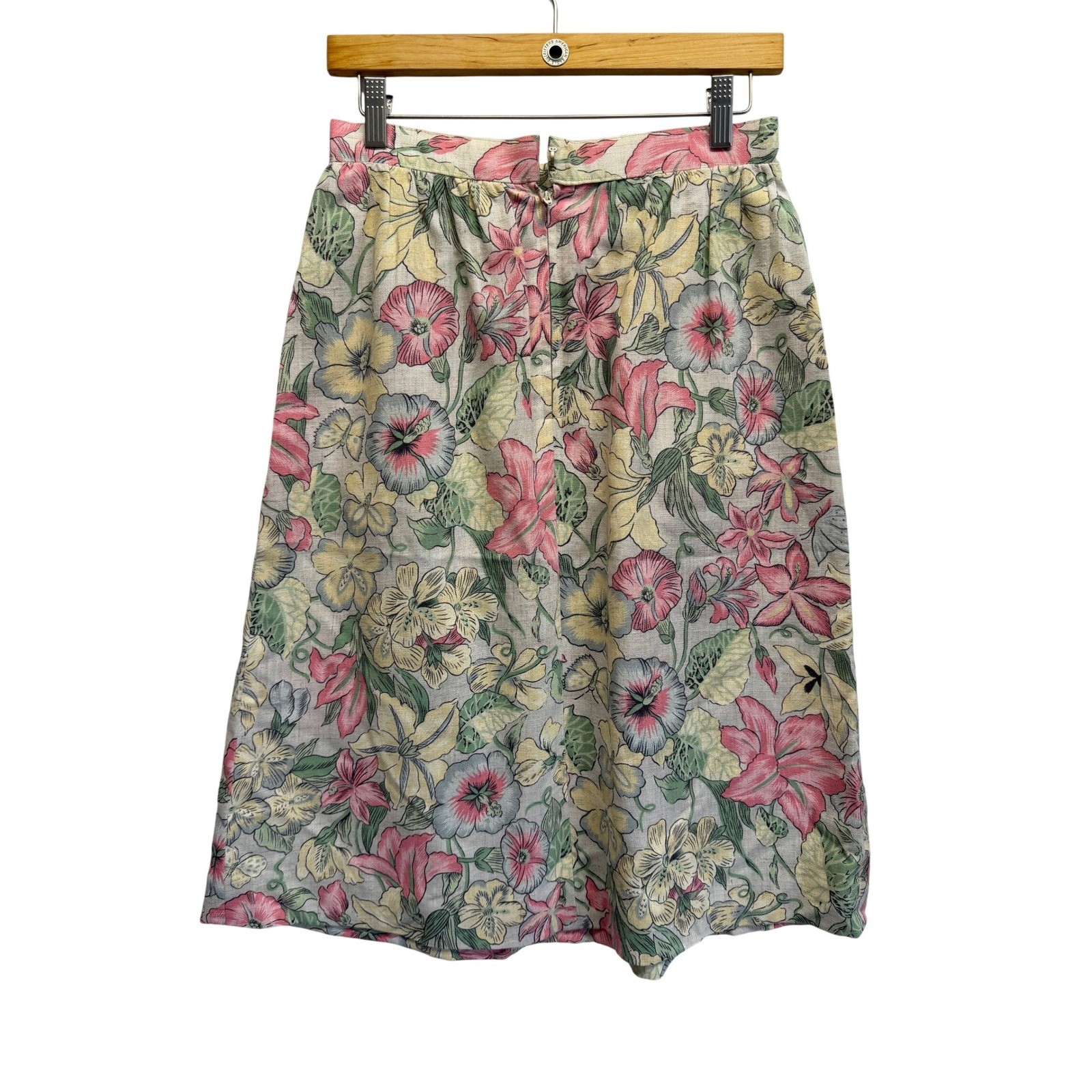 Vintage Handmade 80s Pleated Skirt Floral Cream Linen Pockets Cottagecore