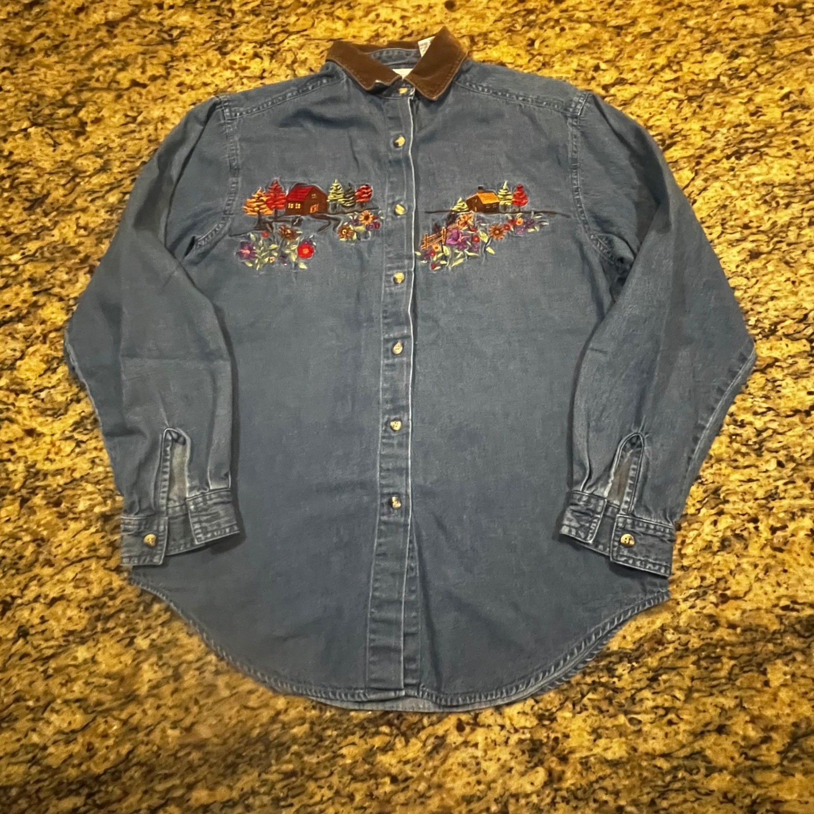 Vintage Victoria Jones Denim Shirt Womens S Embroidered Cabin Corduroy Collar