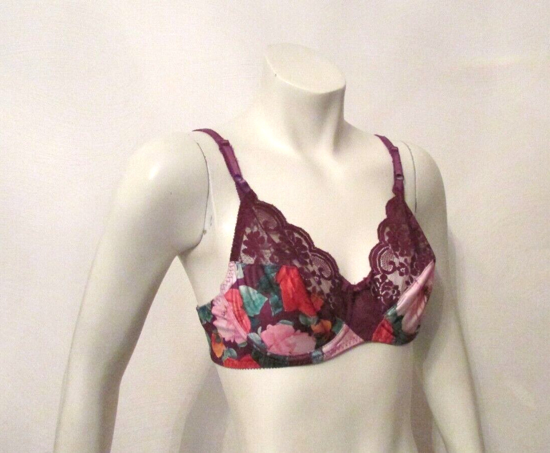 Maidenform Chantilly 7329 Floral Print Silky Satin Purple Lace Underwire Bra 36B