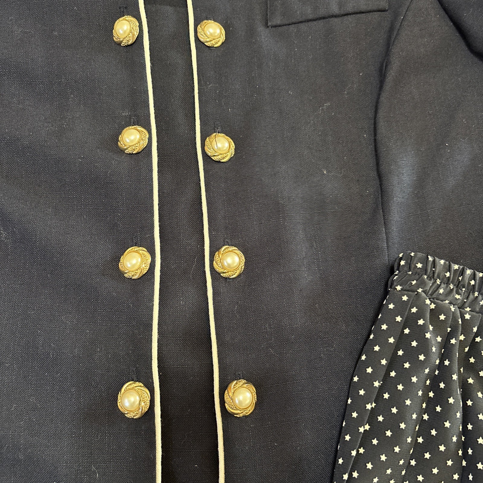 Leslie Fay Vintage 2- Piece Blouse Skirt Set Size 12P Stars Pleated Navy Blue