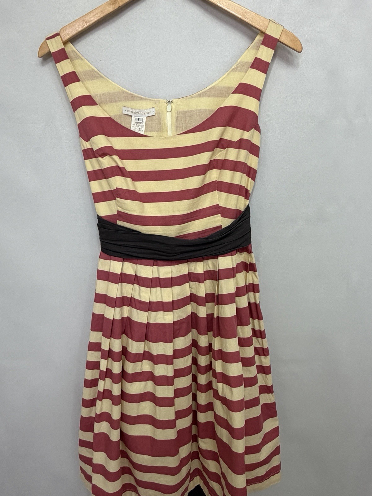 Corey Lynn Calter Striped Fit Flare Dress Size 6 Pink Cream Black Sash Bow