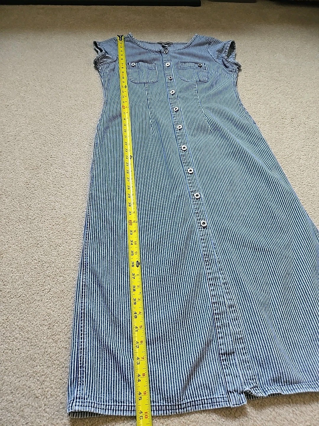 Isabella Bird Anthro denim midi dress 8 blue white stripe short cap sleeve