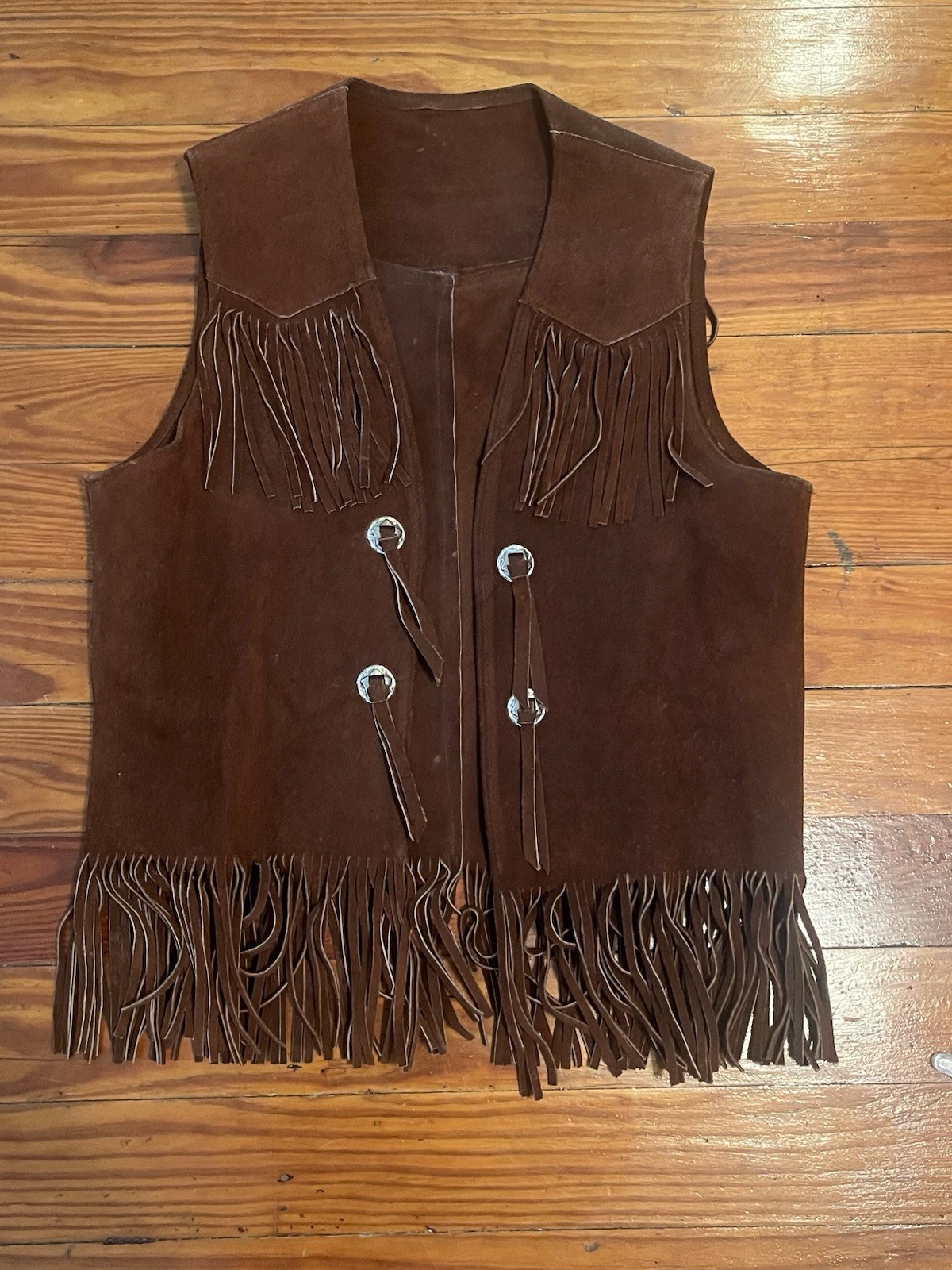 Vintage Le Girard Suede Leather Fringe Vest w/ Conchos Circa 1960-1970s Size M/L
