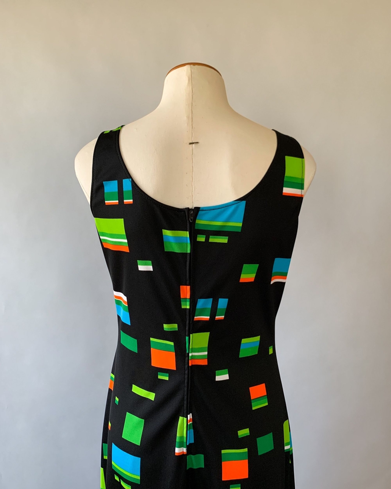Vintage 1970s Black Green Multi Geometric Sleeveless Maxi Dress Jacket Set S M