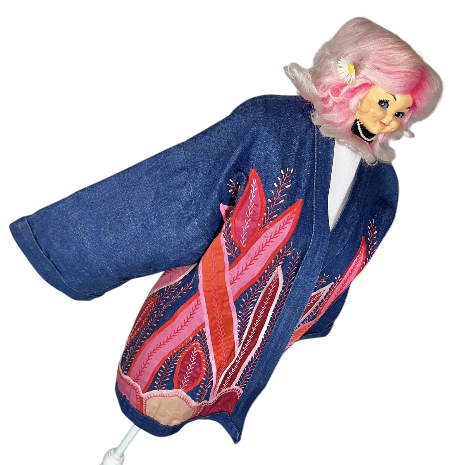 Vtg Judith Roberts La Coleccion Fiber Art Denim Kimono Coat Satin Snake Plants L