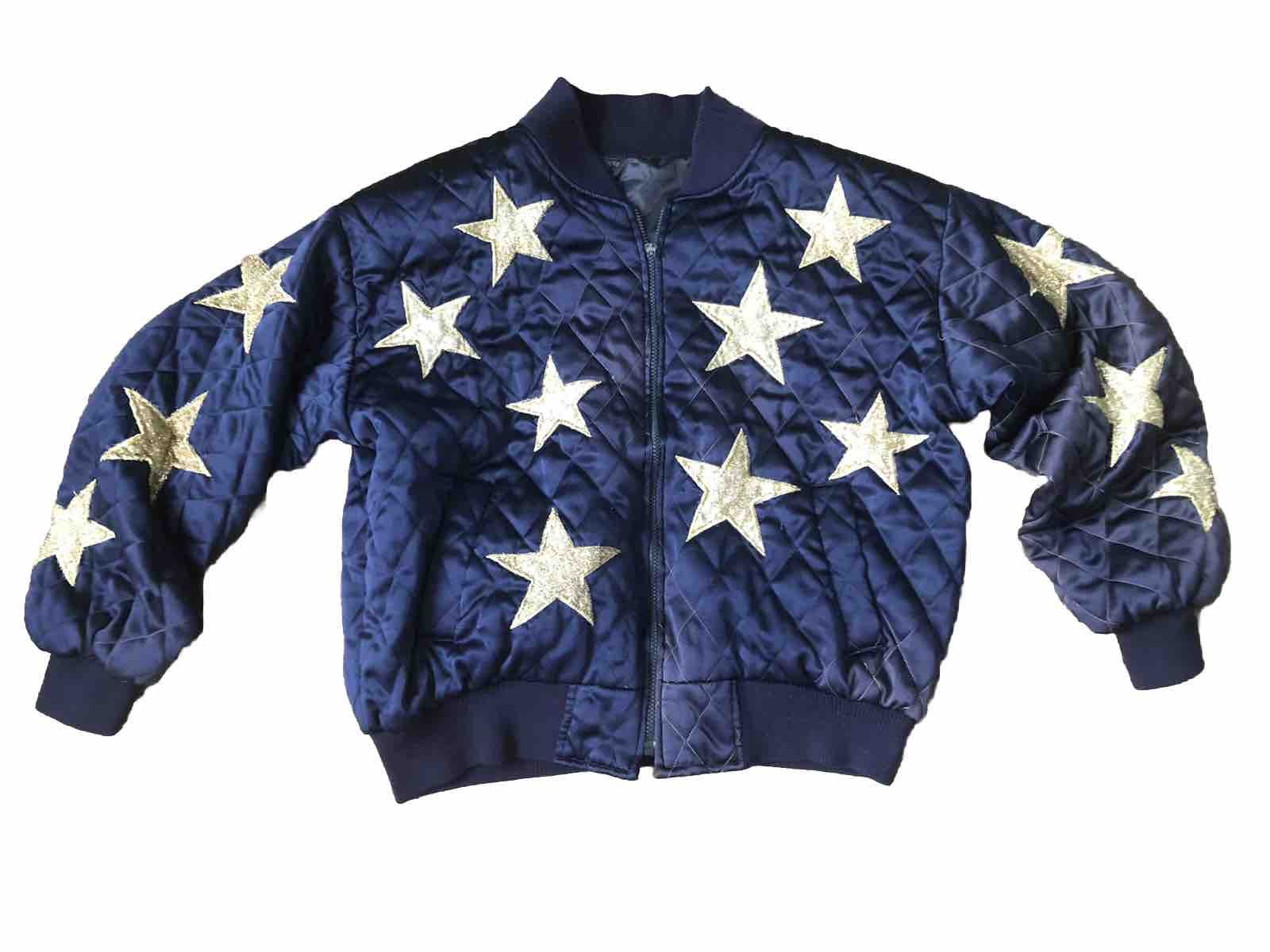 80s Satin Quilted Bomber Puffer Jacket Womens M? Embroidered Gold Stars READ