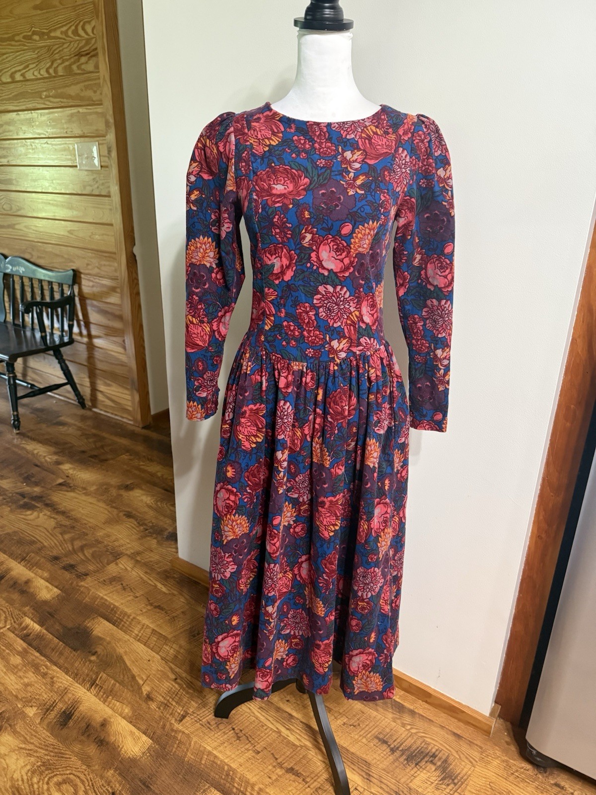 VTG 90s Laura Ashley Blue Red Purple Floral Puff Sleeve Corduroy Dress 10