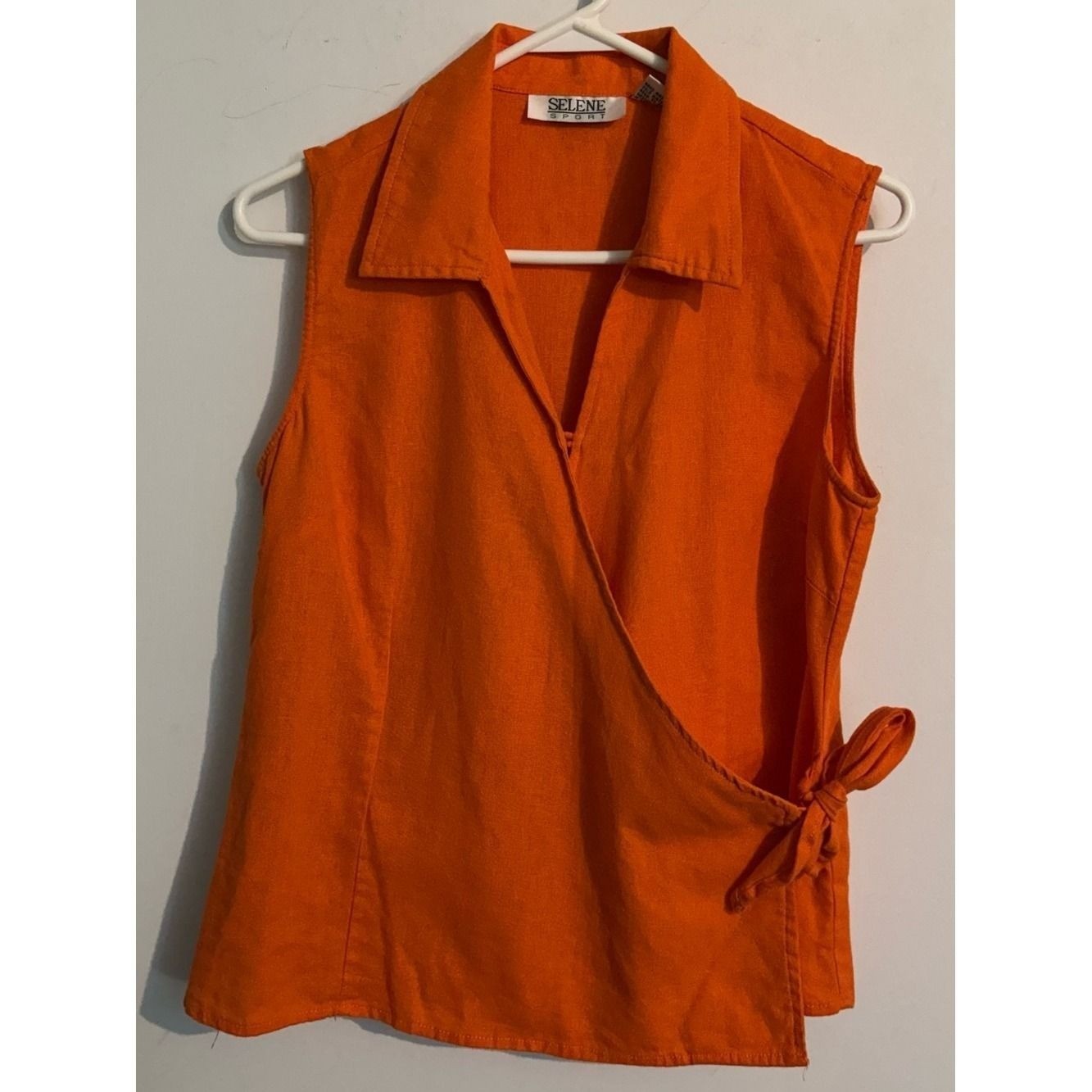 Vintage Selene Sport Sz Med Orange Linen Blend Sleeveless Faux Wrap Collared Top