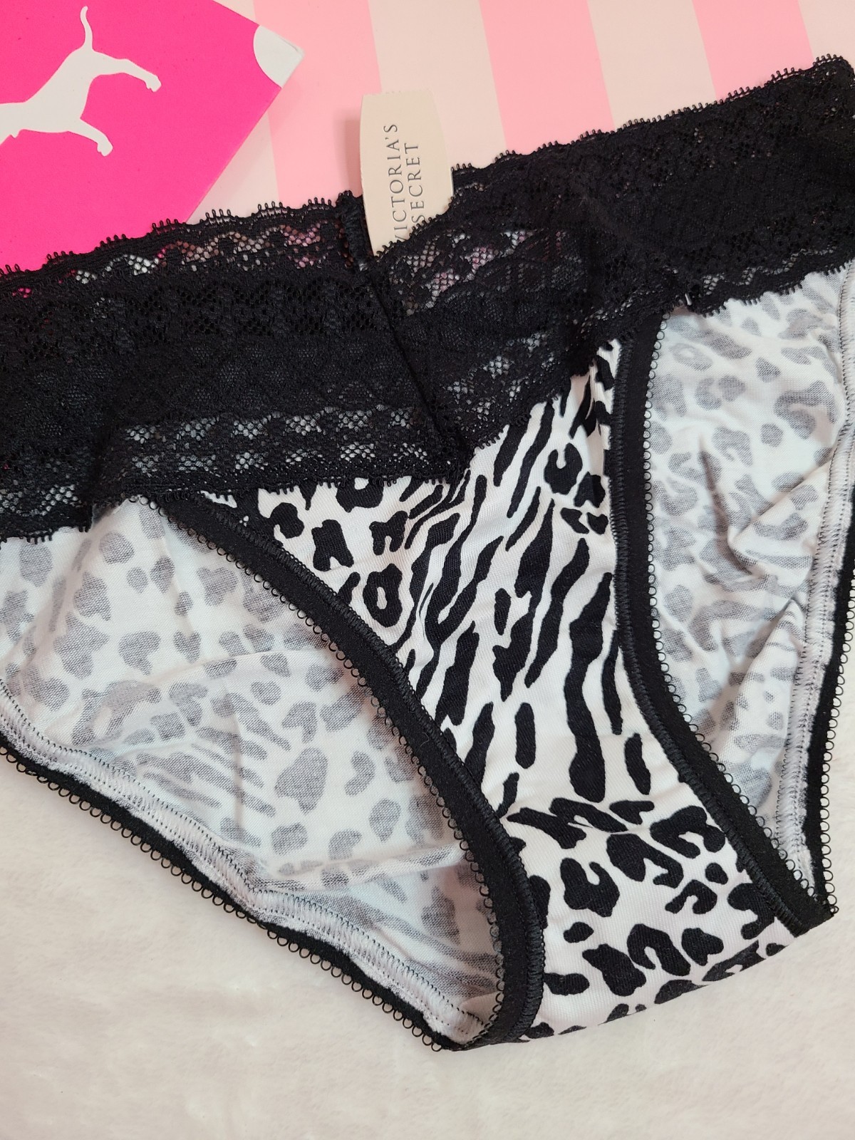 NWT Y2K Victoria’s Secret Lace Waist Cotton Low Rise Bikini Panty Size XS Animal