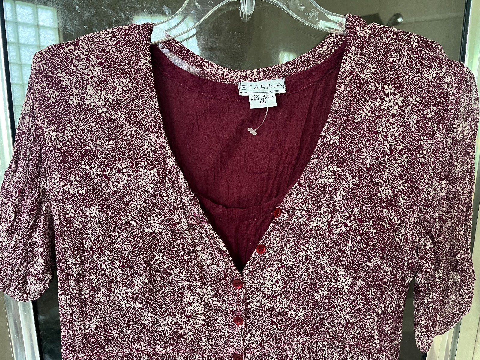 Vintage 90s NWOT STARINA Floral Print Burgundy Button Down 46″Midi Dress Women M