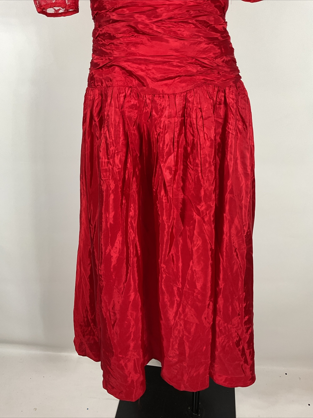 VTG 80s Prom Red LACE PUFFY BUBBLE SLEEVE Party Formal Bows Evening Dress Gown 4