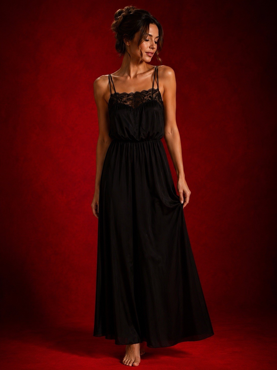 Vintage Deena Elegant Black Silky Nightgown Empire Waist Floral Lace Bodice Sz S