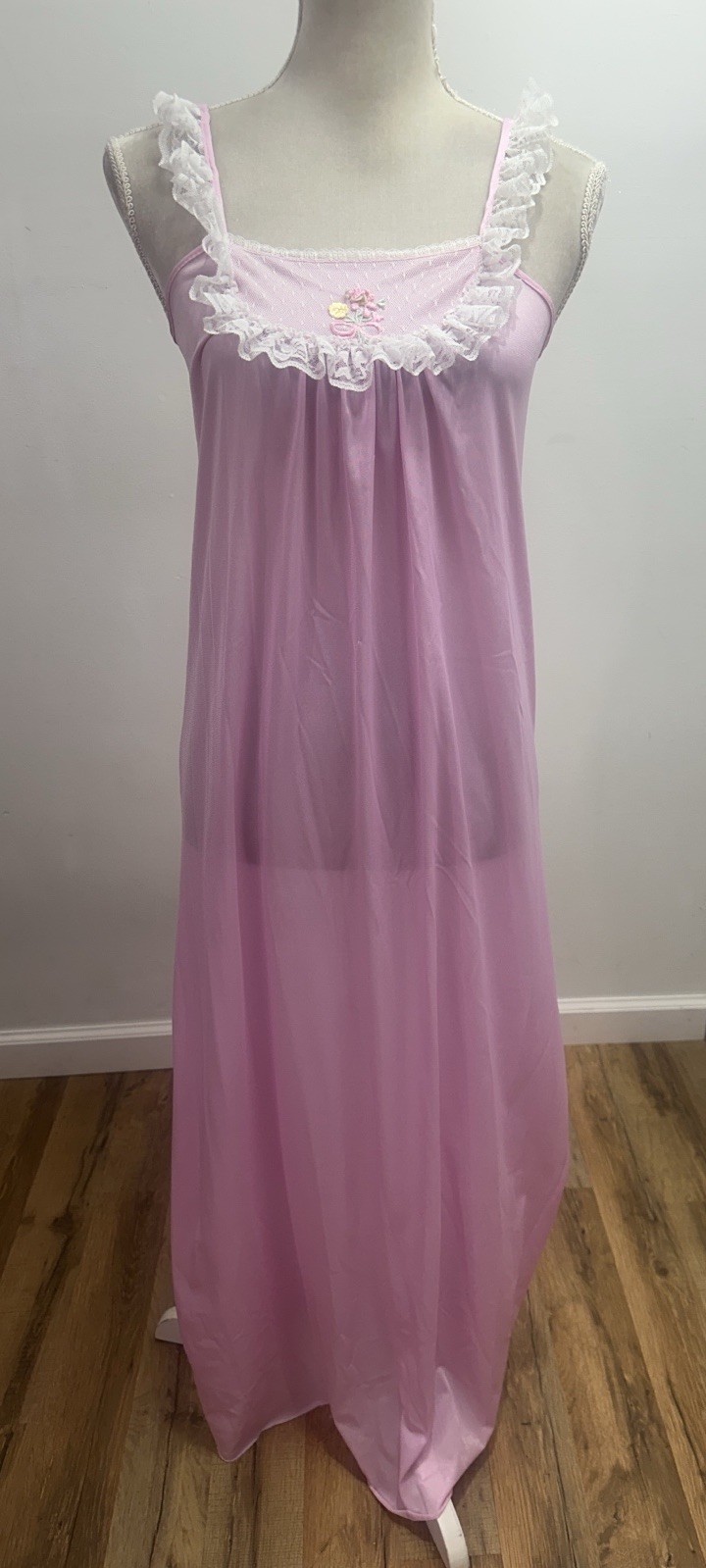 Vintage Spotlight Long Pink Lace Ruffle Nightgown Size Small Silky Nylon