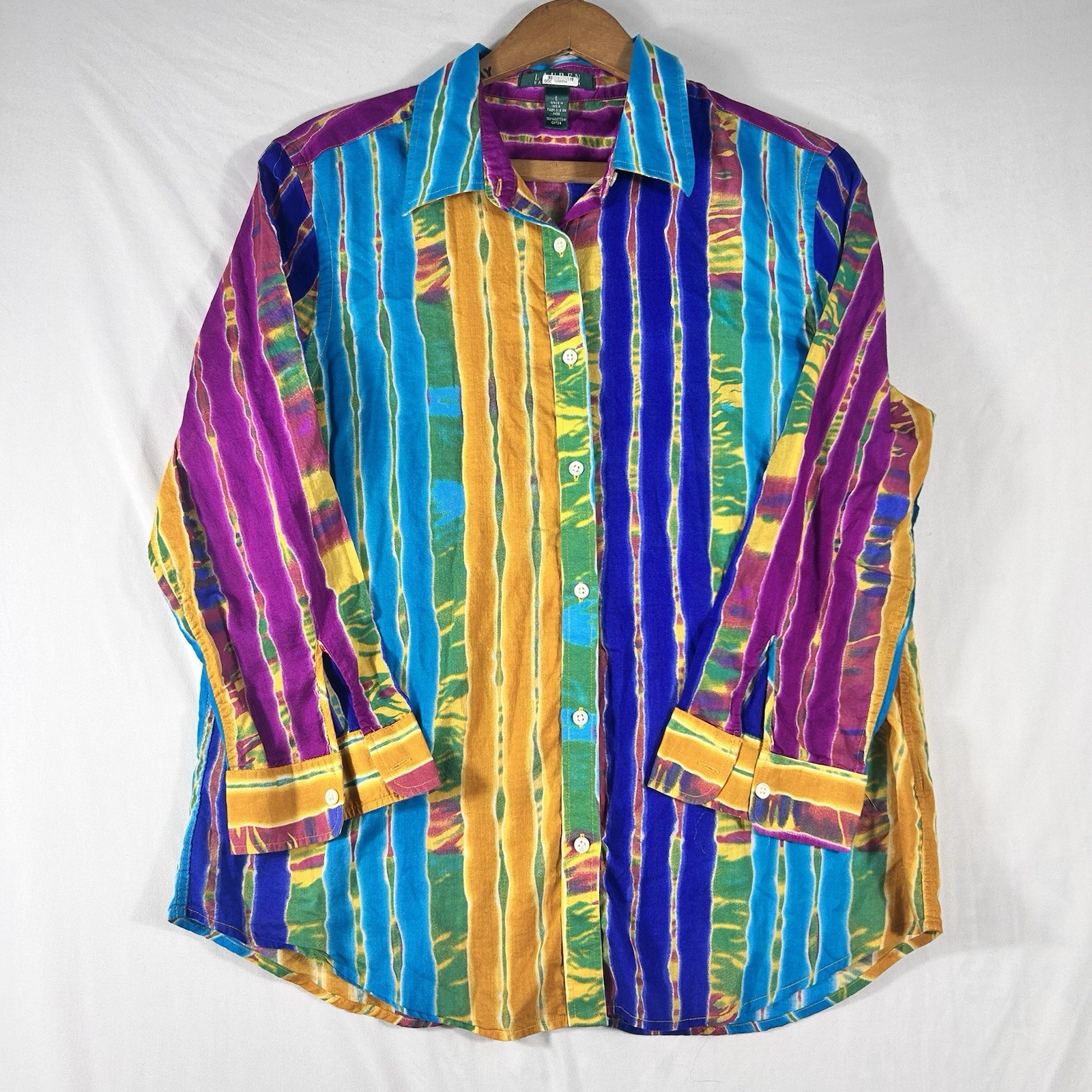 Lauren Ralph Lauren Bright Stripe 100% Cotton 3/4 Sleeve Blouse Size L Colorful