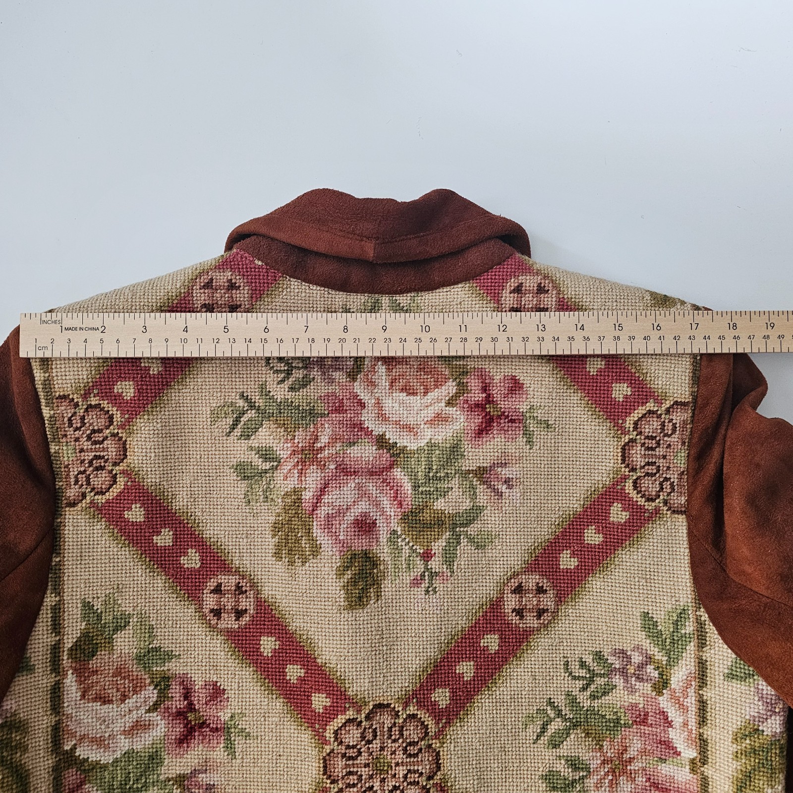 Vtg. BOUCHER Santa Fe Womens Suede Jacket Wool Floral Needle point Tapestry .925