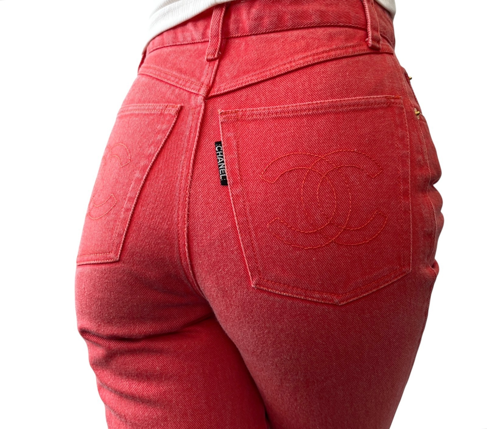 CHANEL Vintage CC Mark Logo Half Pants #36 Red Gold Cotton Button Stitch