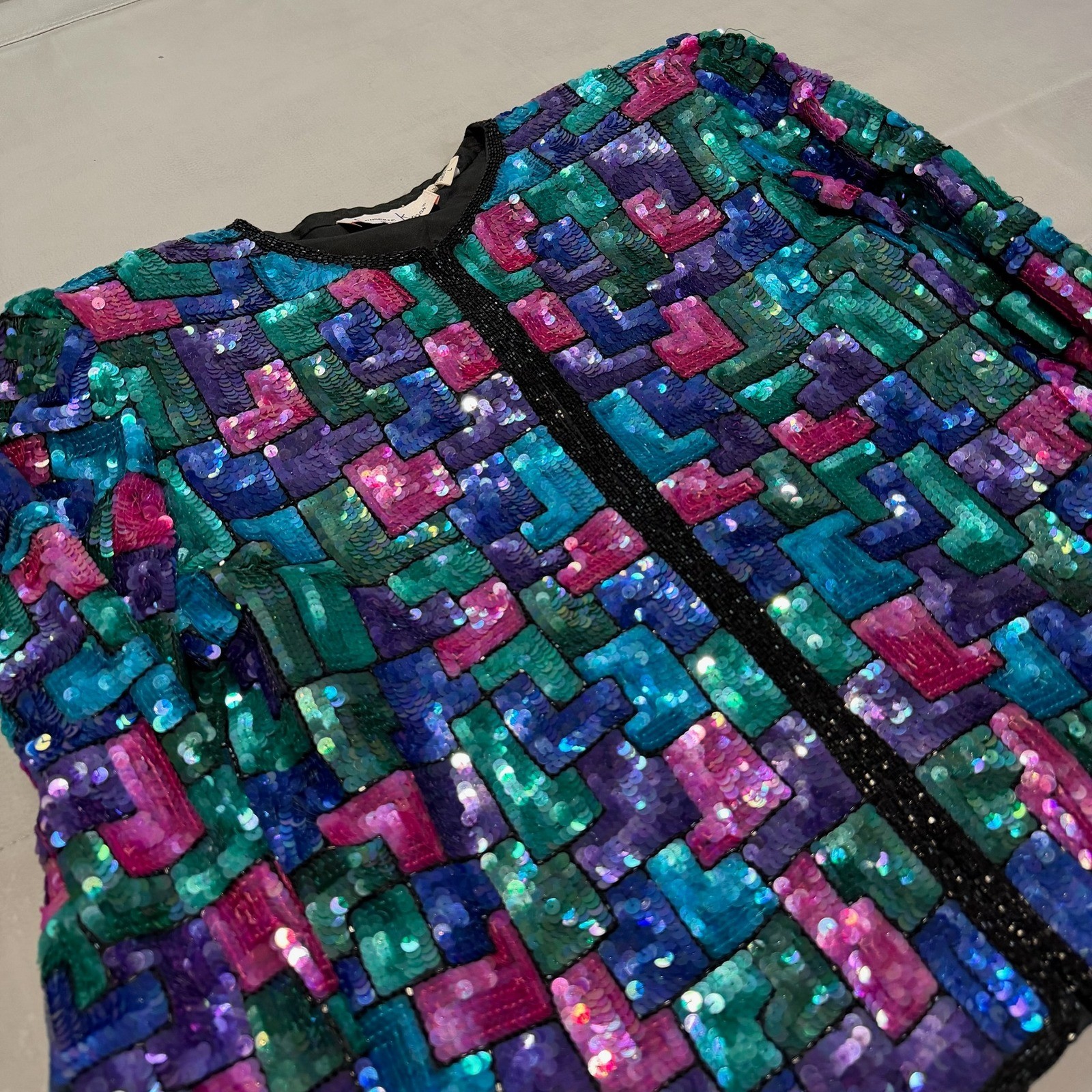VTG Laurence Kazar Sequin 100% Silk Geometric Blazer Jacket Colorful Festivel-L-