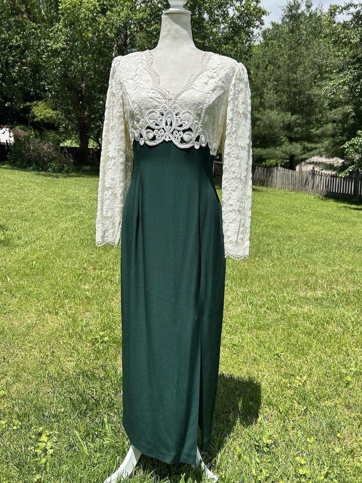 Vintage 90s Scott McClintock Ivory Lace Hunter Green Long Dress Cutout Back S M