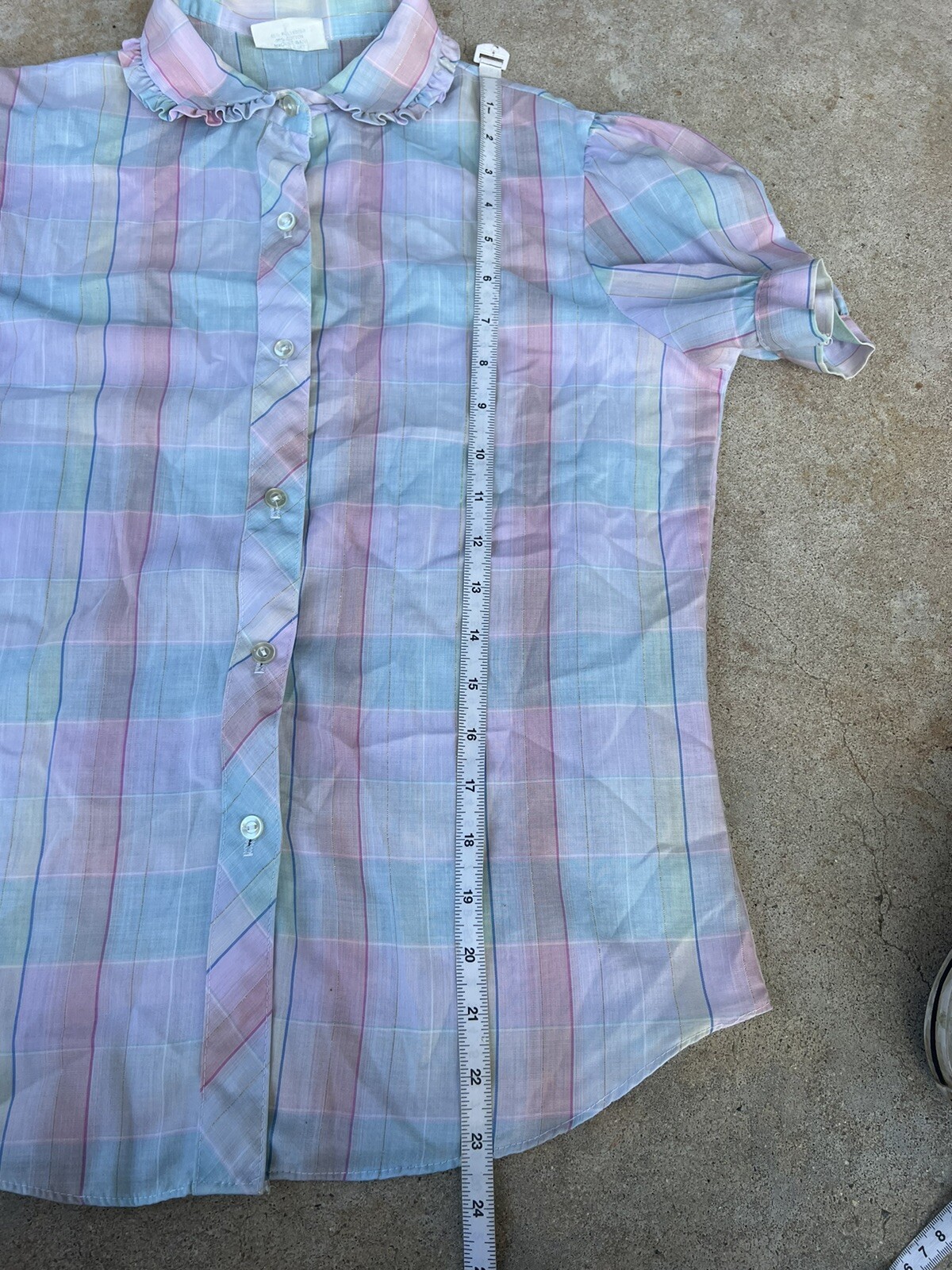 Vntg 1950s Pastel Multi Color Plaid Blouse With Ruffle Collar Classic Size XS/S