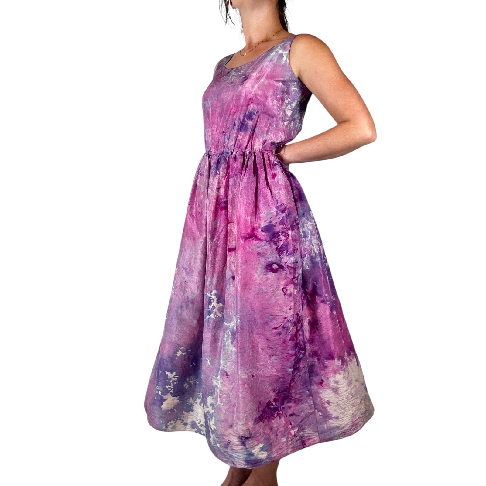 Vintage 1950s Hand Dyed Pink Purple Ice Dye Silk Fit & Flare Dress Crinoline