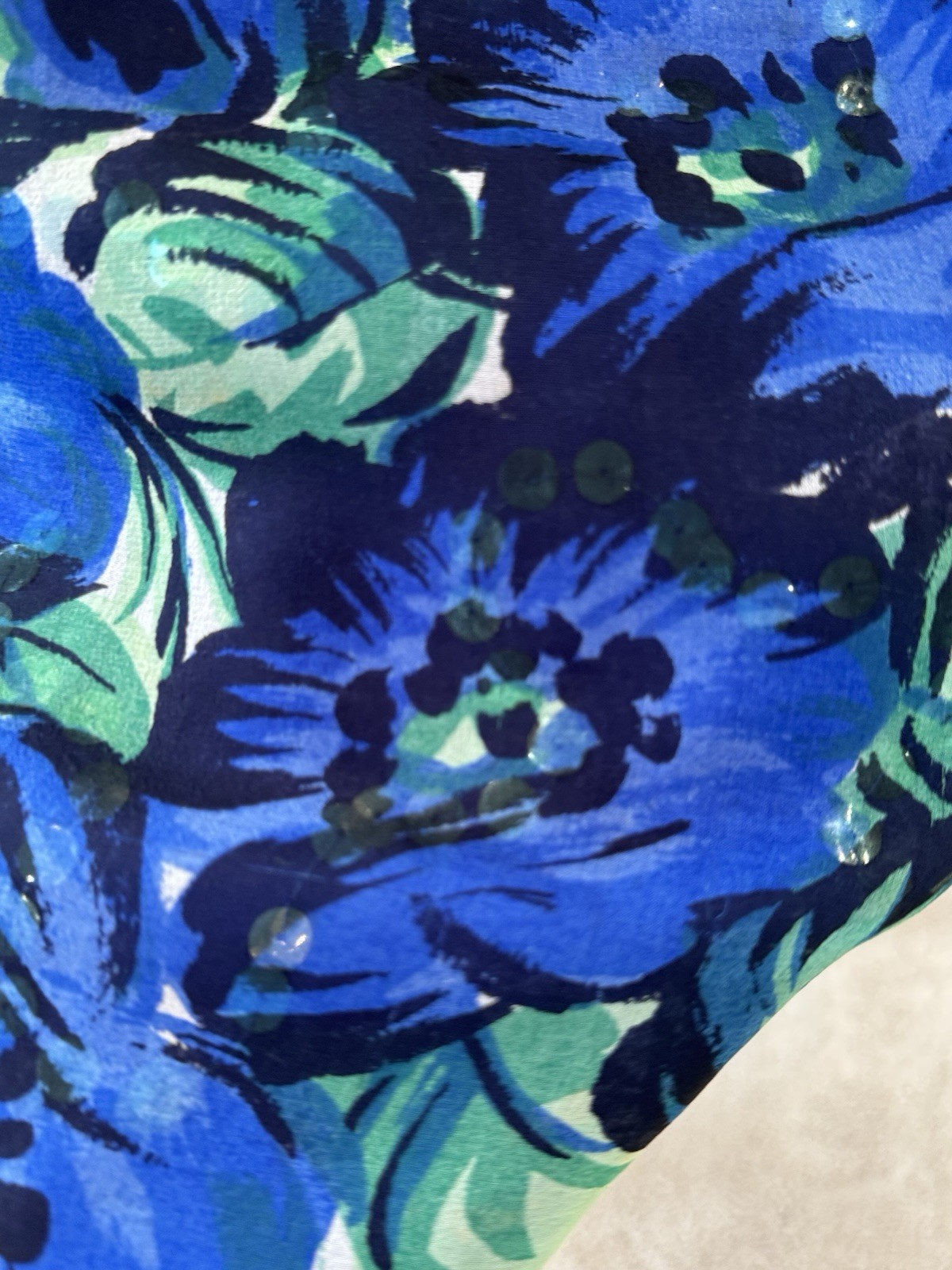 1960s Vintage Silk Chiffon Party DRESS Blue/Green Floral Lined Taffeta M Sequin