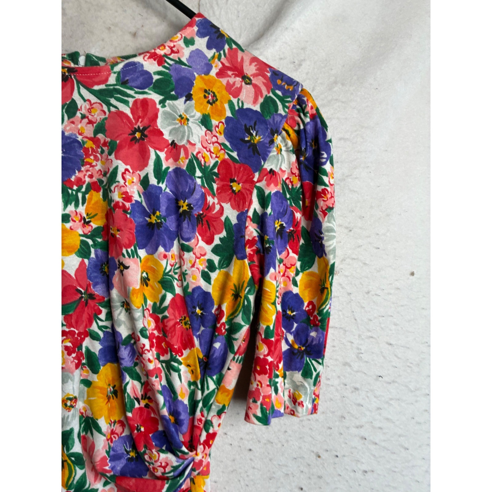 Vintage Expo Floral Ruching Midi Dress Multi Color Pansy Puff Sleeve USA Made 12