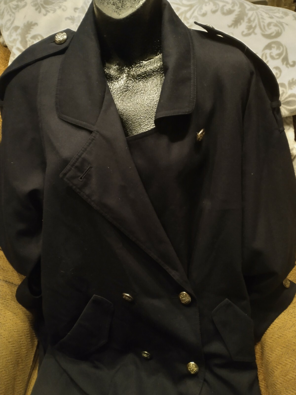 Women’s Vintage J. Gallery Navy Blue Dress Trench Coat Sz 8 Lining Airline Style