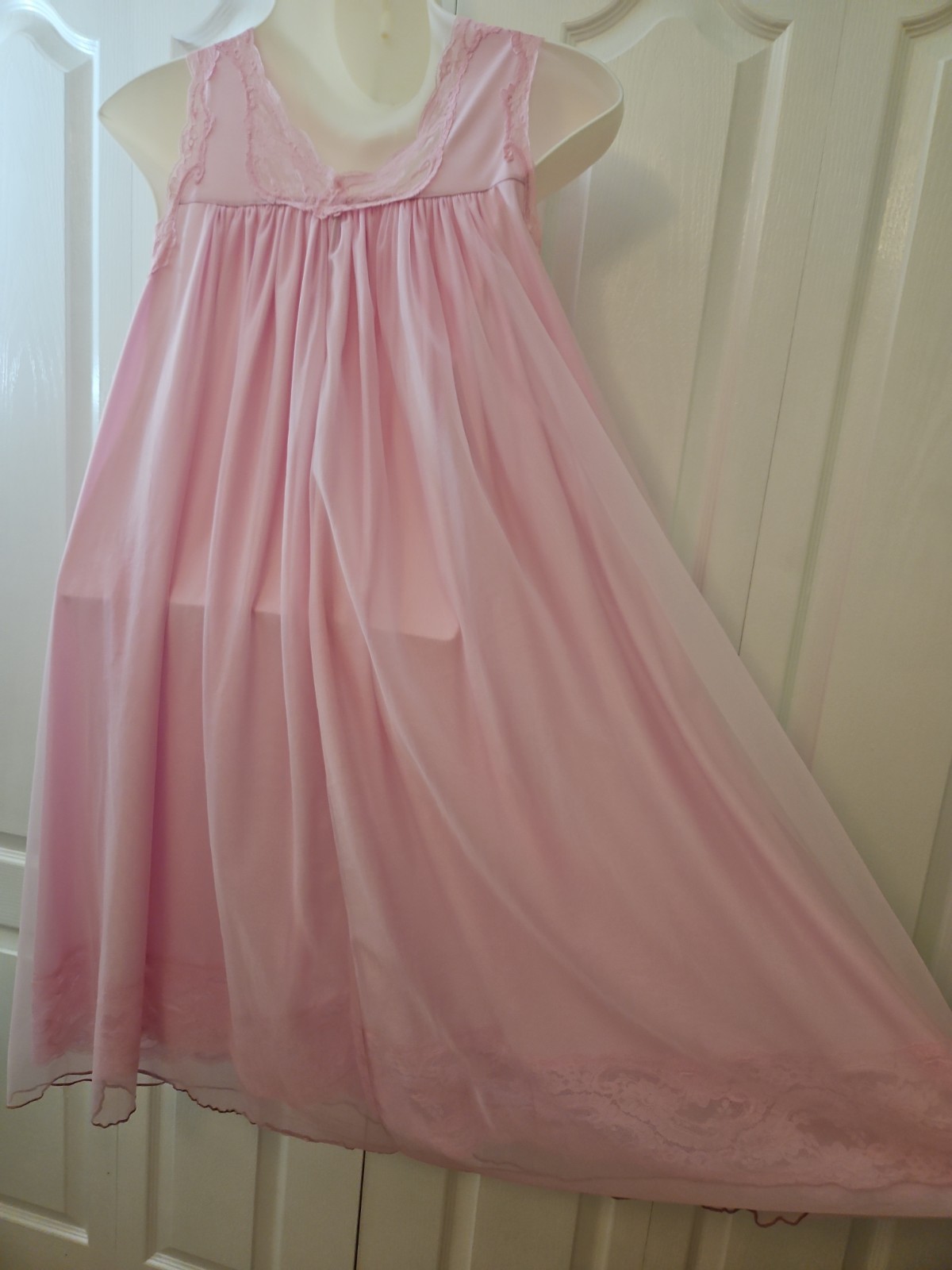 VTG Unbranded Pink BABYDOLL Double Sheer Chiffon Nightie w Lace Trim Size 1X 2X